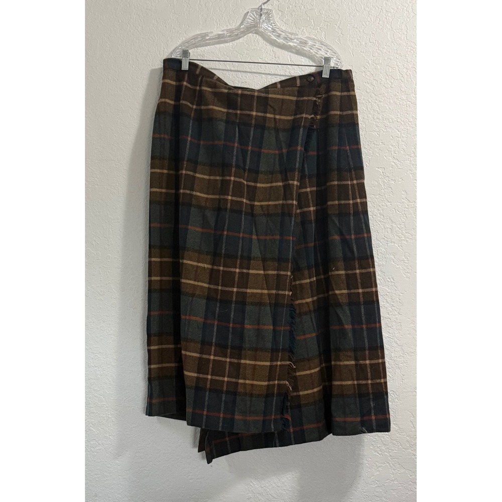 Rafaella Woman Plaid Wool Blend Fringed Wrap Midi Skirt Brown Blue Size 22